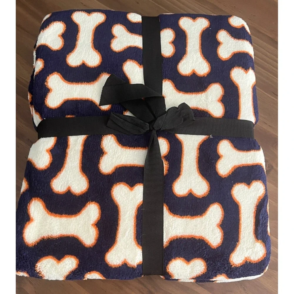 PB Paws & Co. Dog Treats Throw Blanket 50x60 Fleece Navy White Orange Bones Soft